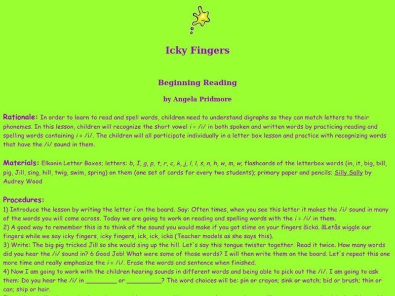 Icky Fingers Lesson Plan
