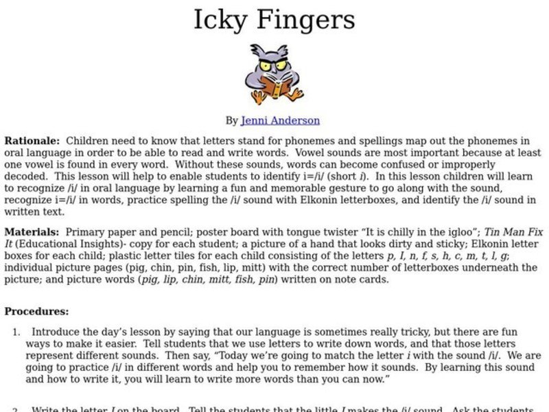 Icky Fingers Lesson Plan