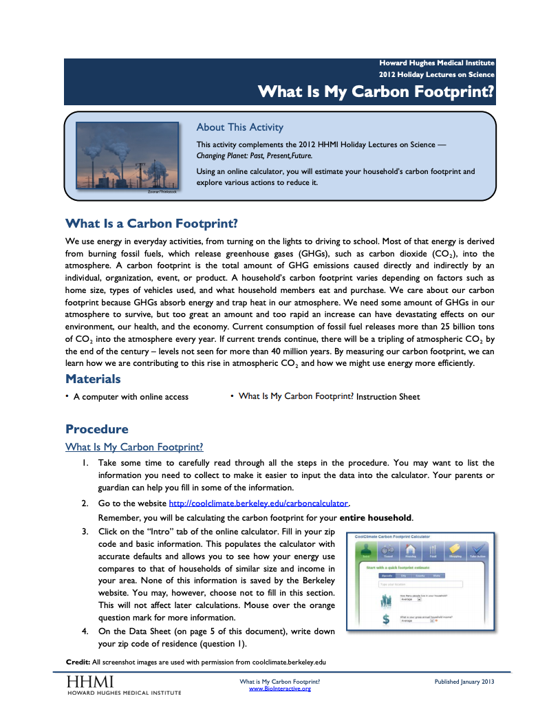 Classroom Activities: What Is My Carbon Footprint? Activity