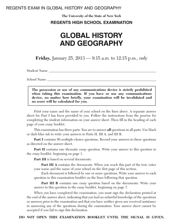 Global History and Geography Examination: January 2013 Assessment