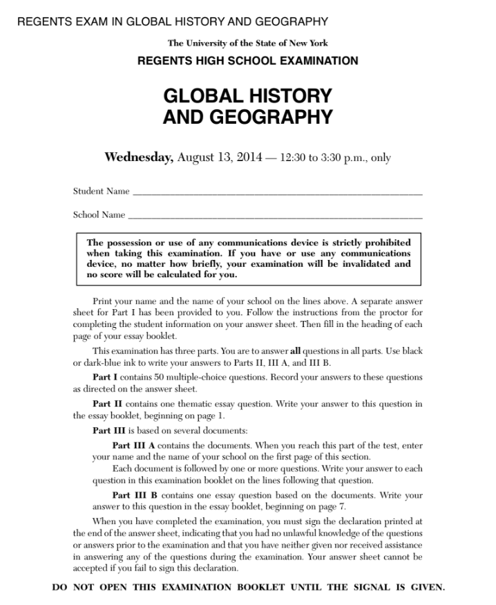 Global History and Geography Examination: August 2014 Assessment