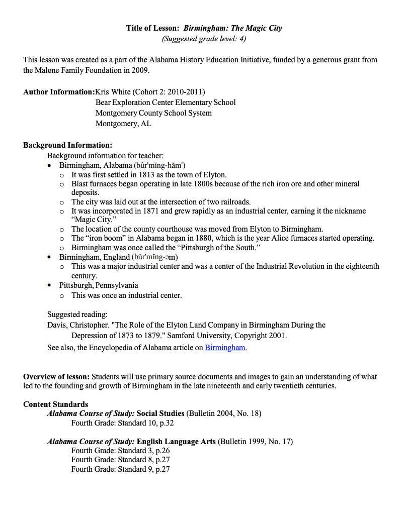 Birmingham: The Magic City Lesson Plan