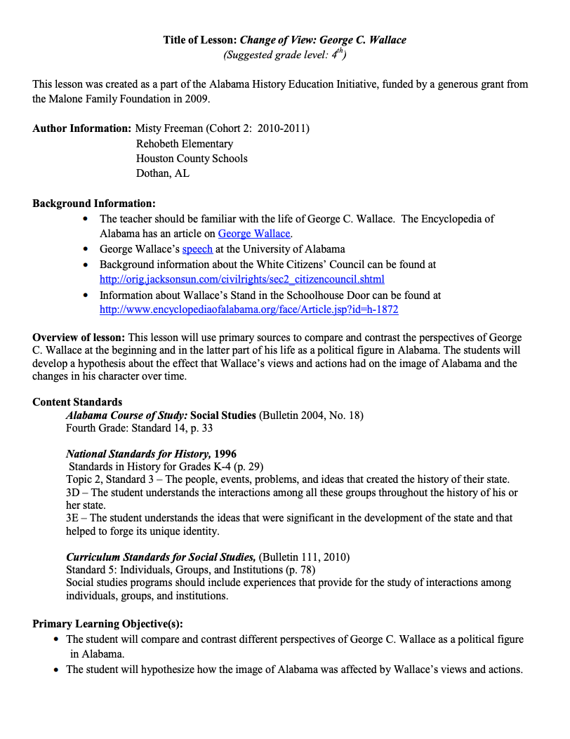 Change of View: George C. Wallace Lesson Plan