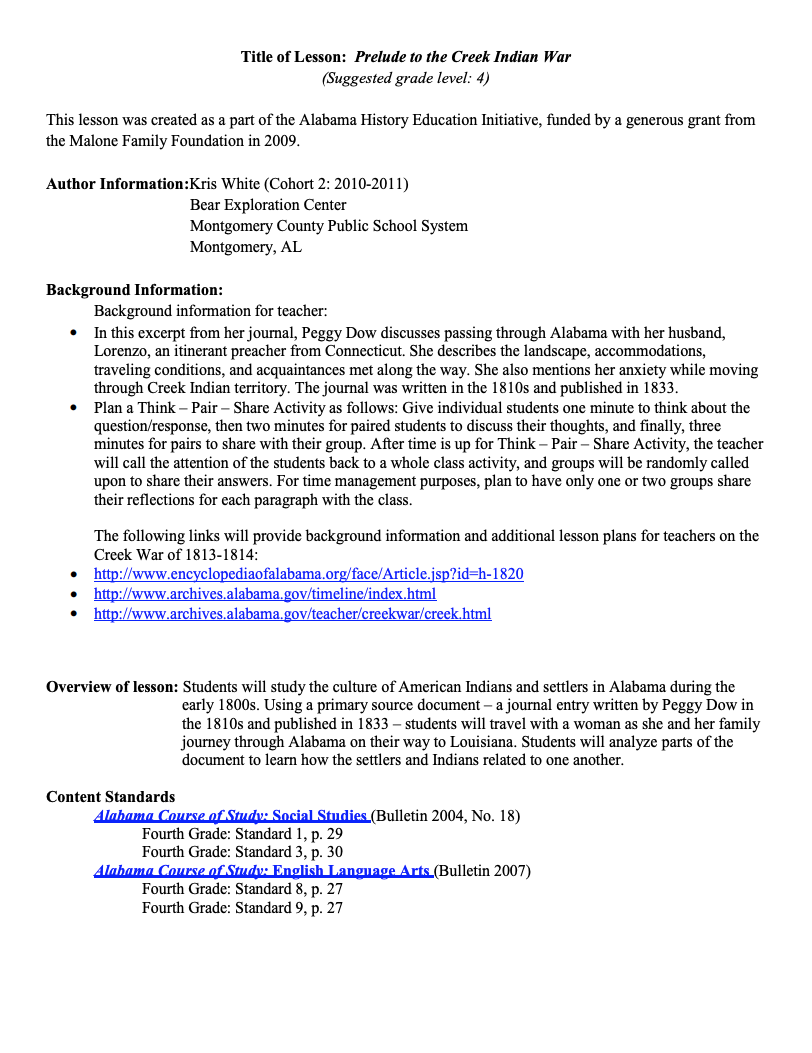 Prelude to the Creek Indian War Lesson Plan