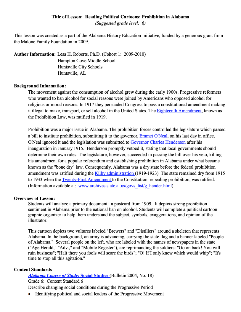 Reading Political Cartoons: Prohibition in Alabama Lesson Plan