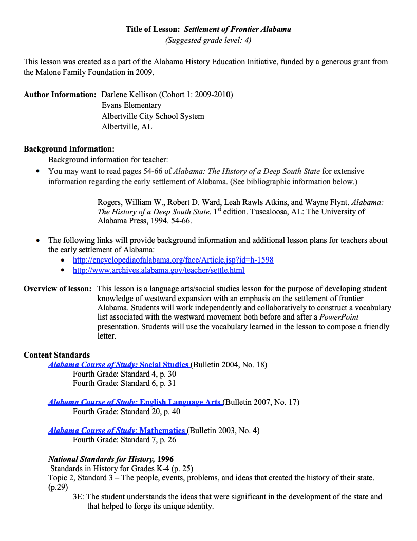 Settlement of Frontier Alabama Lesson Plan