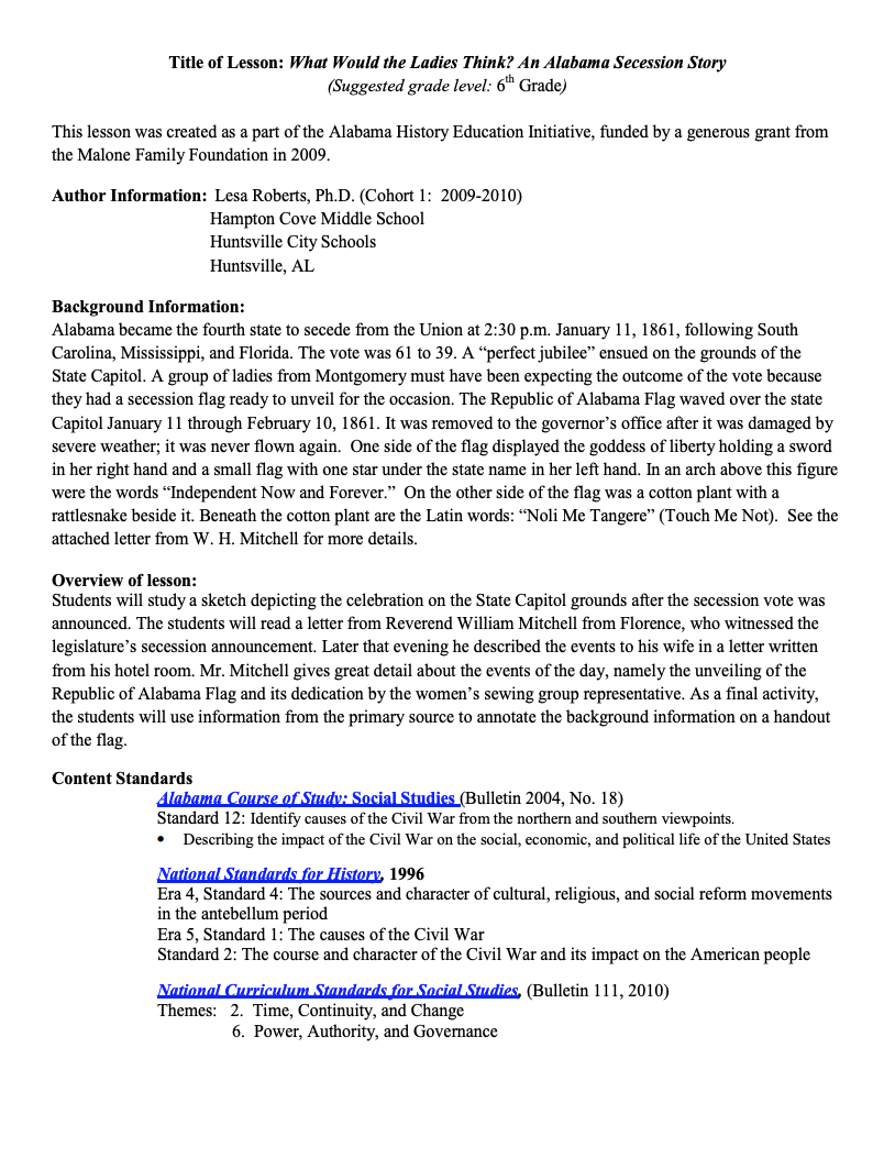 What Would the Ladies Think? An Alabama Secession Story Lesson Plan