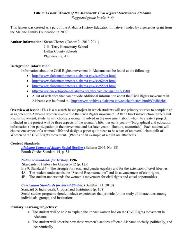 Women of the Movement: Civil Rights Movement in Alabama Lesson Plan