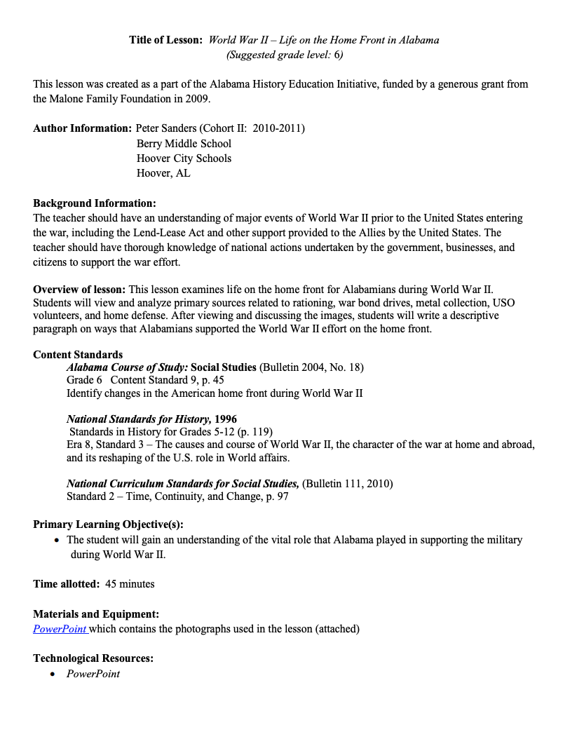 World War II - Life on the Home Front in Alabama Lesson Plan