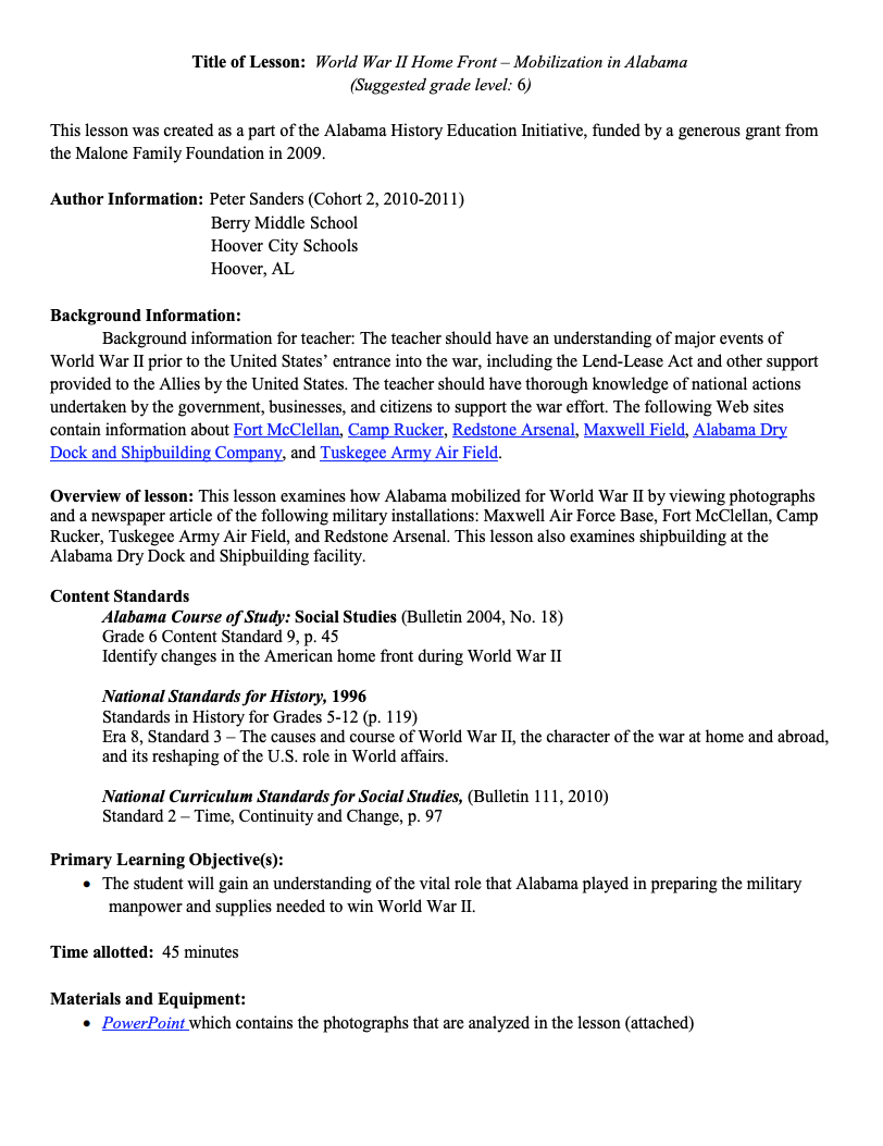 World War II Home Front - Mobilization in Alabama Lesson Plan