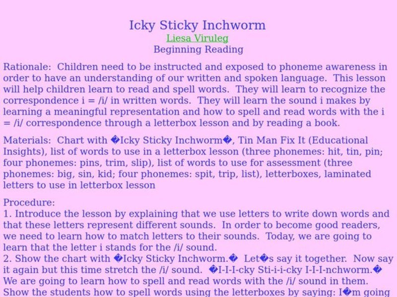 Icky Sticky Inchworm Lesson Plan