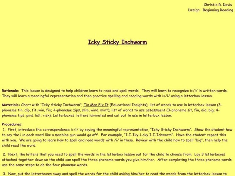 Icky Sticky Inchworm Lesson Plan