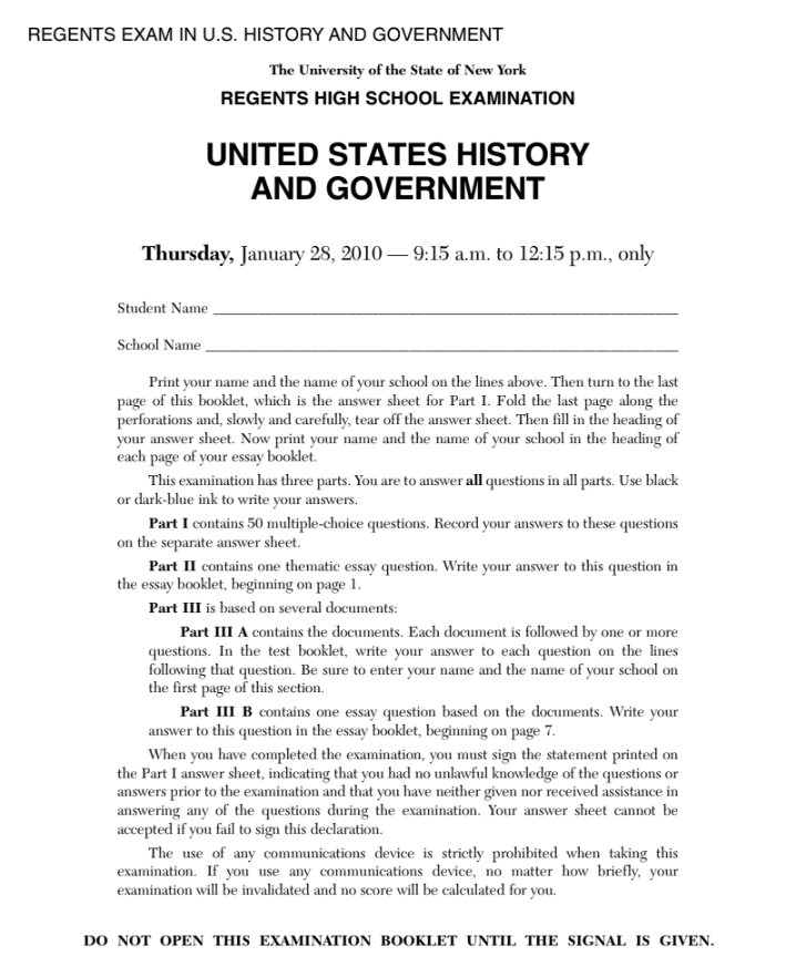 US History and Government Examination: January 2010 Assessment