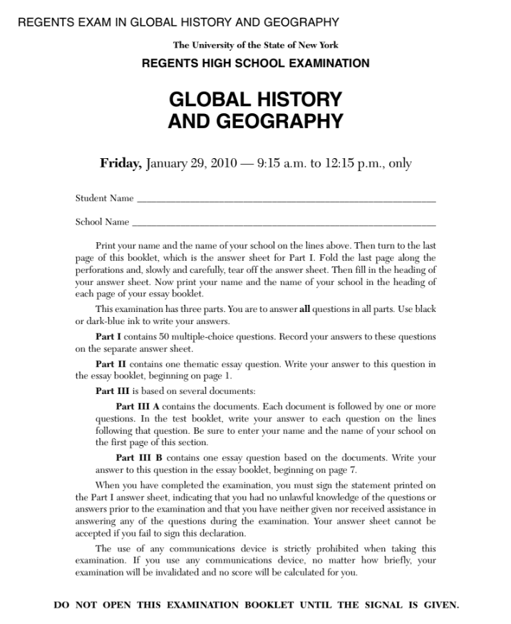 Global History and Geography Examination: January 2010 Assessment