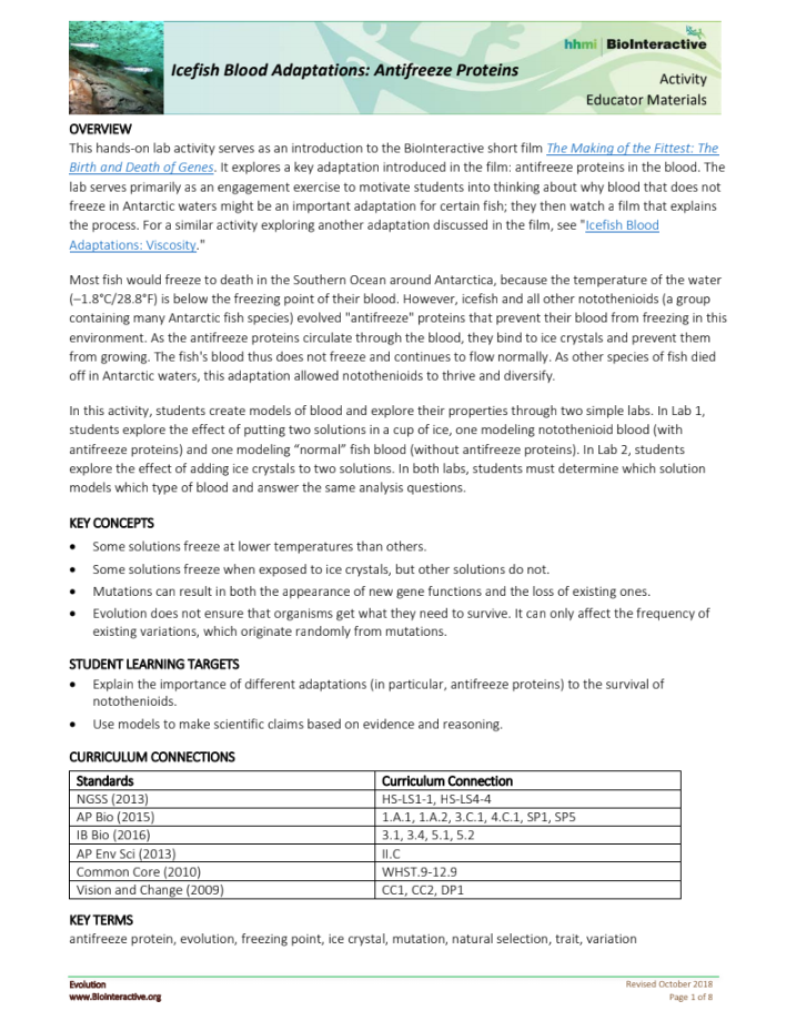 Icefish Blood Adaptations: Antifreeze Proteins Activity