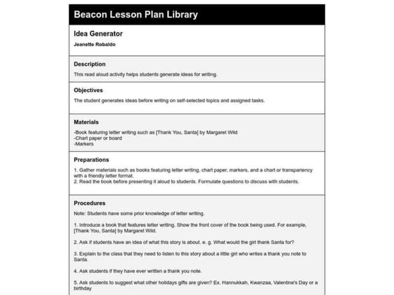 Idea Generator Lesson Plan