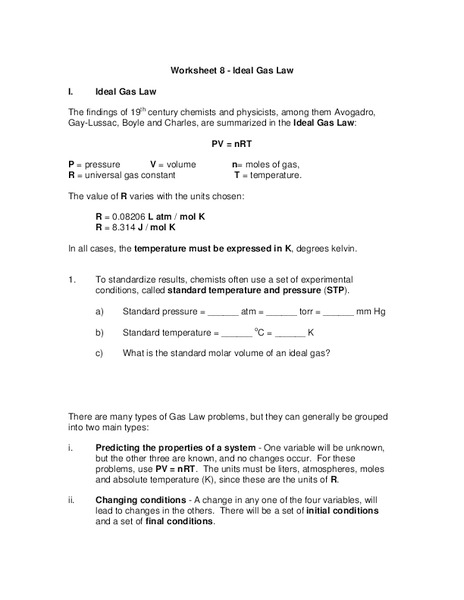Ideal Gas Law Worksheet