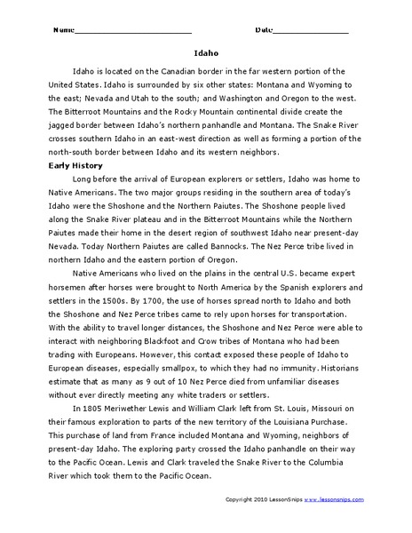 Idaho Worksheet