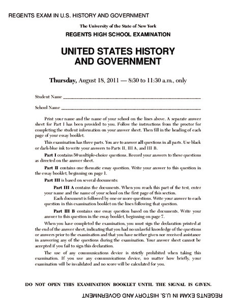 US History and Government Examination: August 2011 Assessment