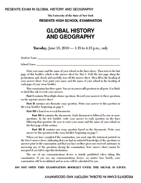 Global History and Geography Examination: June 2010 Assessment