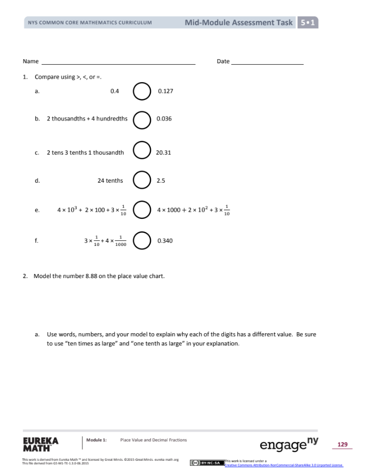 Grade 5 Math Module 1: Mid-Module Assessment Assessment