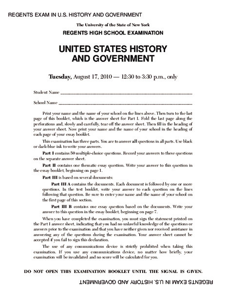 US History and Government Examination: August 2010 Assessment