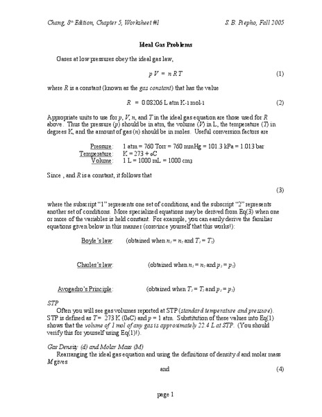 Ideal Gas Problems Worksheet
