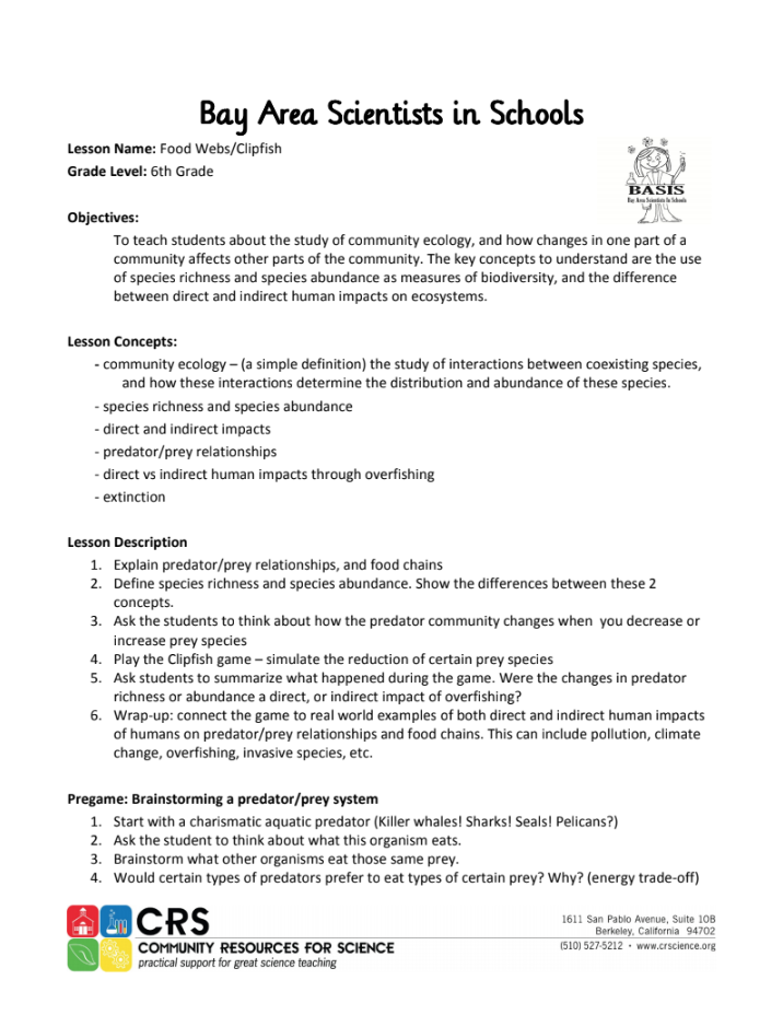 Food Webs/Clipfish Lesson Plan