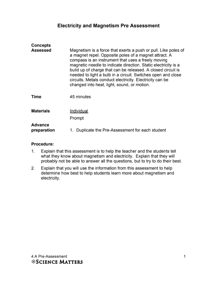 Electricity and Magnetism Pre-Assessment Assessment