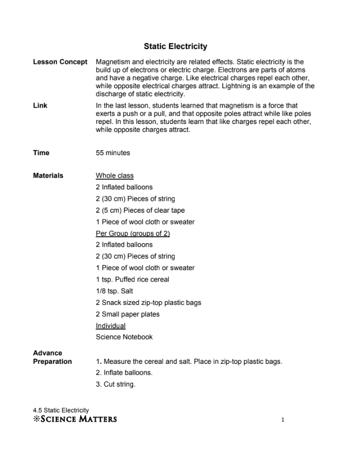 Static Electricity Lesson Plan