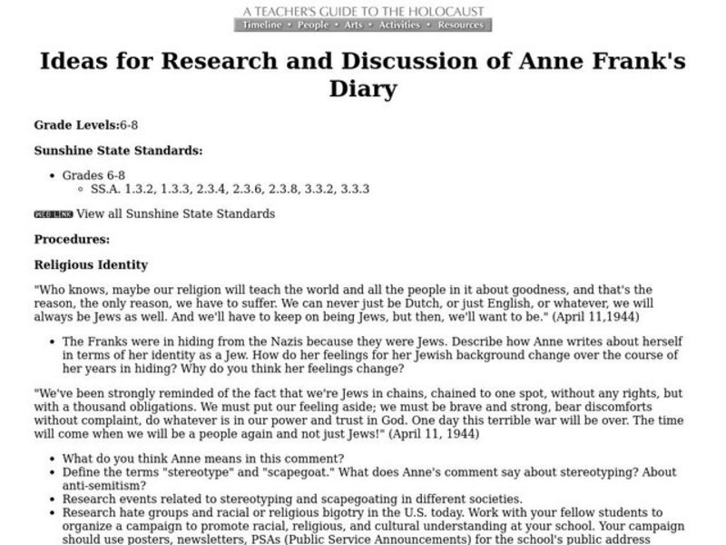 Ideas for Research and Discussion of Anne Frank's Diary Lesson Plan