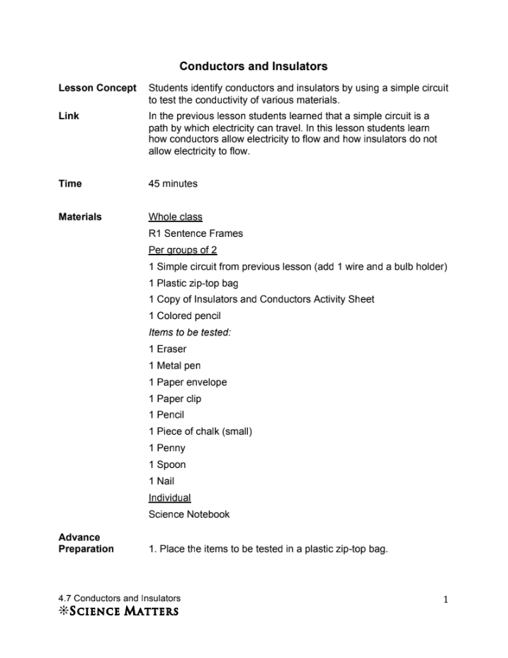 Conductors and Insulators Lesson Plan