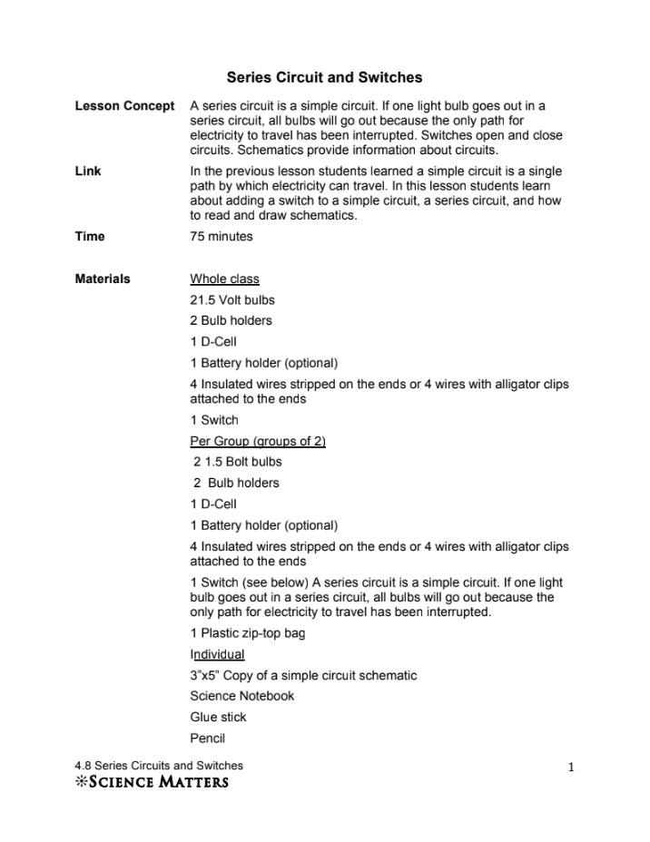 Series Circuit and Switches Lesson Plan