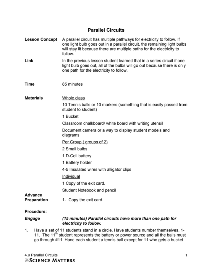 Parallel Circuits Lesson Plan