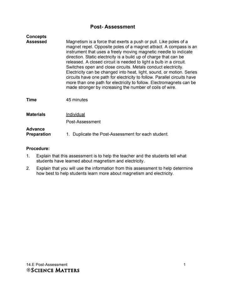 Post Assessment: Magnetism and Electricity Assessment