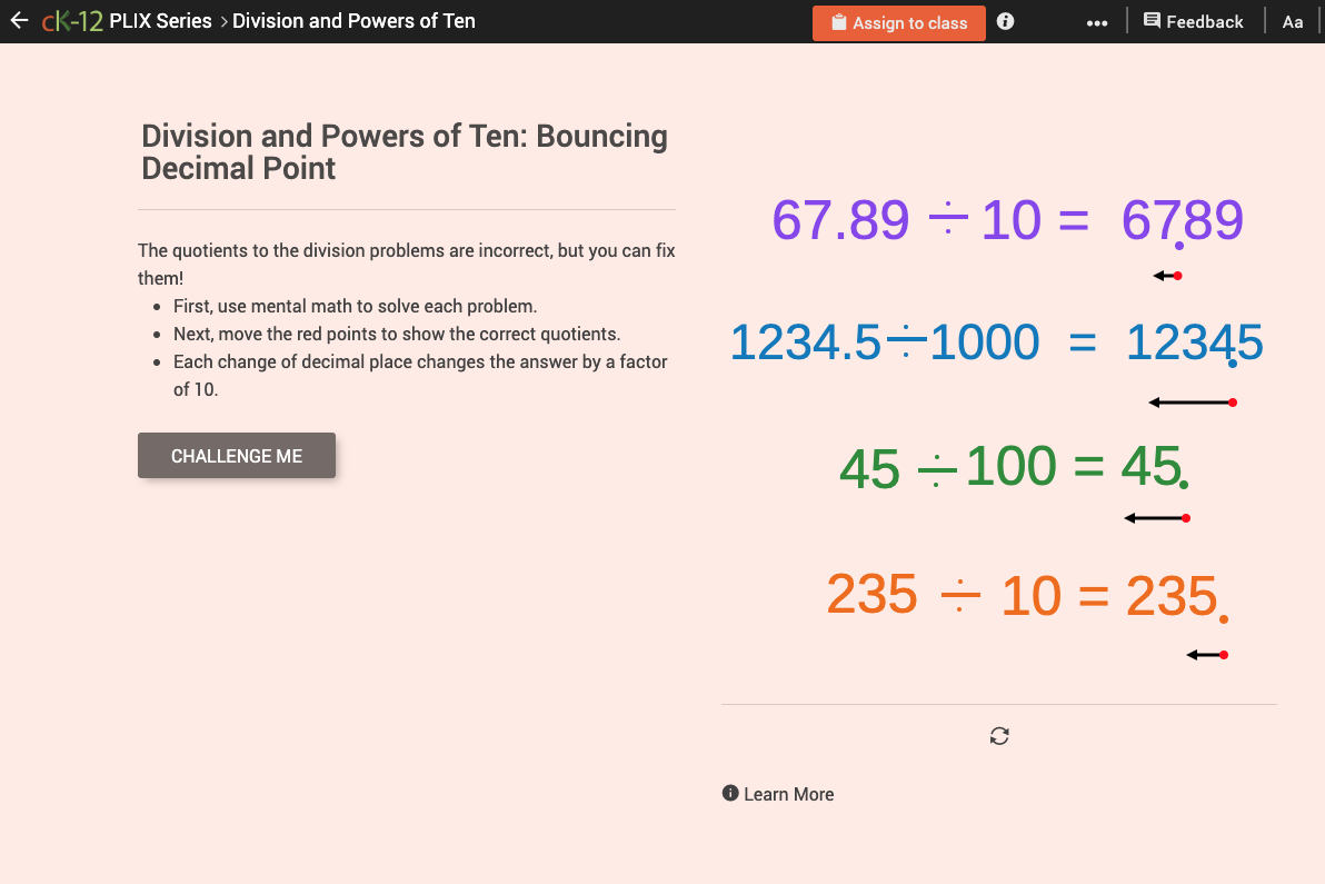 Mental Math to Divide by Whole Number Powers of Ten: Bouncing Decimal Point Interactive