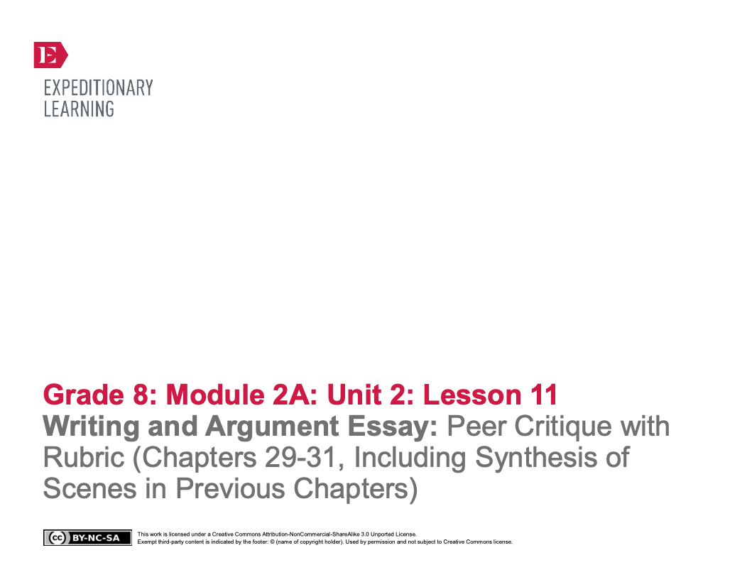 Writing and Argument Essay: Peer Critique with Rubric (Chapters 29-31, Including Synthesis of Scenes in Previous Chapters) Lesson Plan