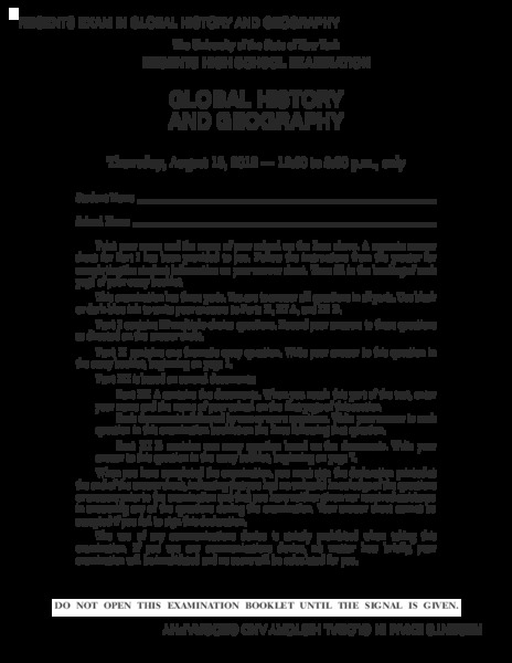 Global History and Geography Examination: August 2012 Assessment