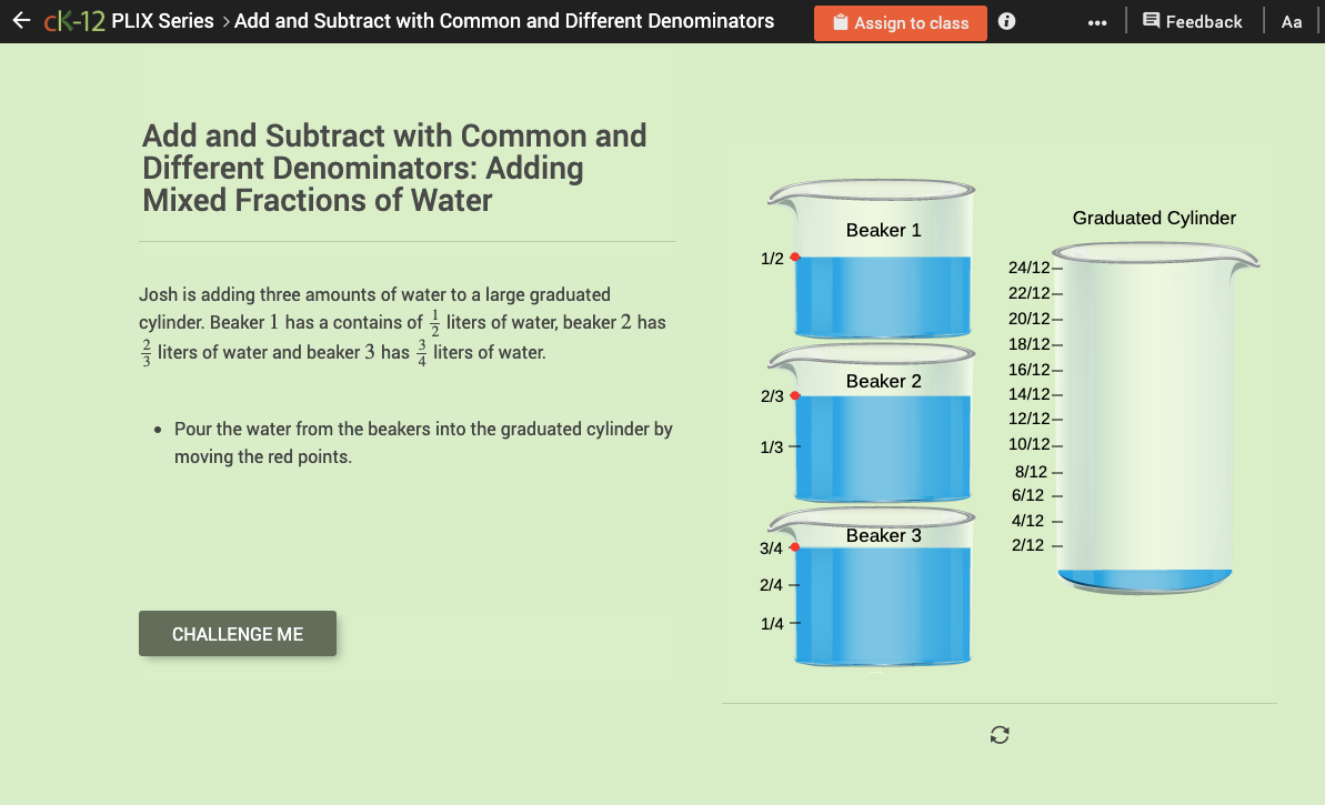 Expression Evaluation with Different Denominators: Adding Mixed Fractions of Water Interactive