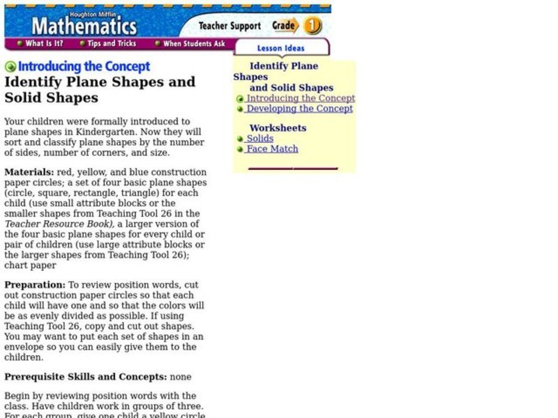 Identify Plane Shapes and Solid Shapes Lesson Plan