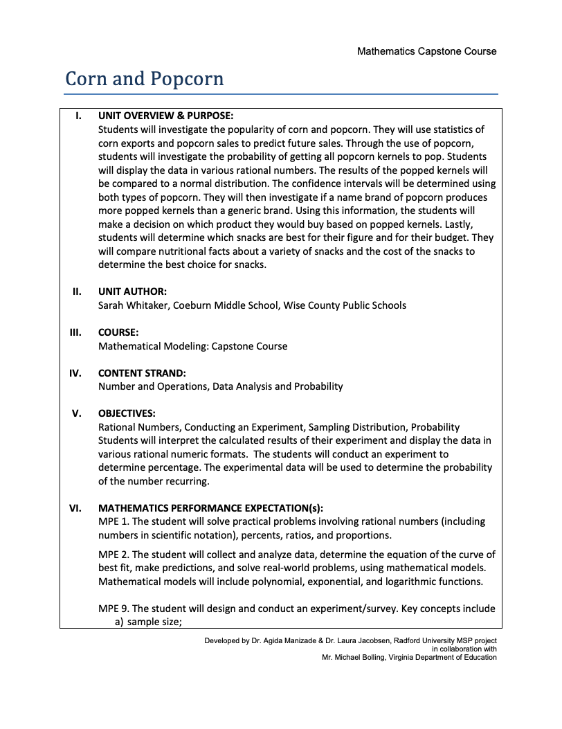 Corn and Popcorn Unit Plan