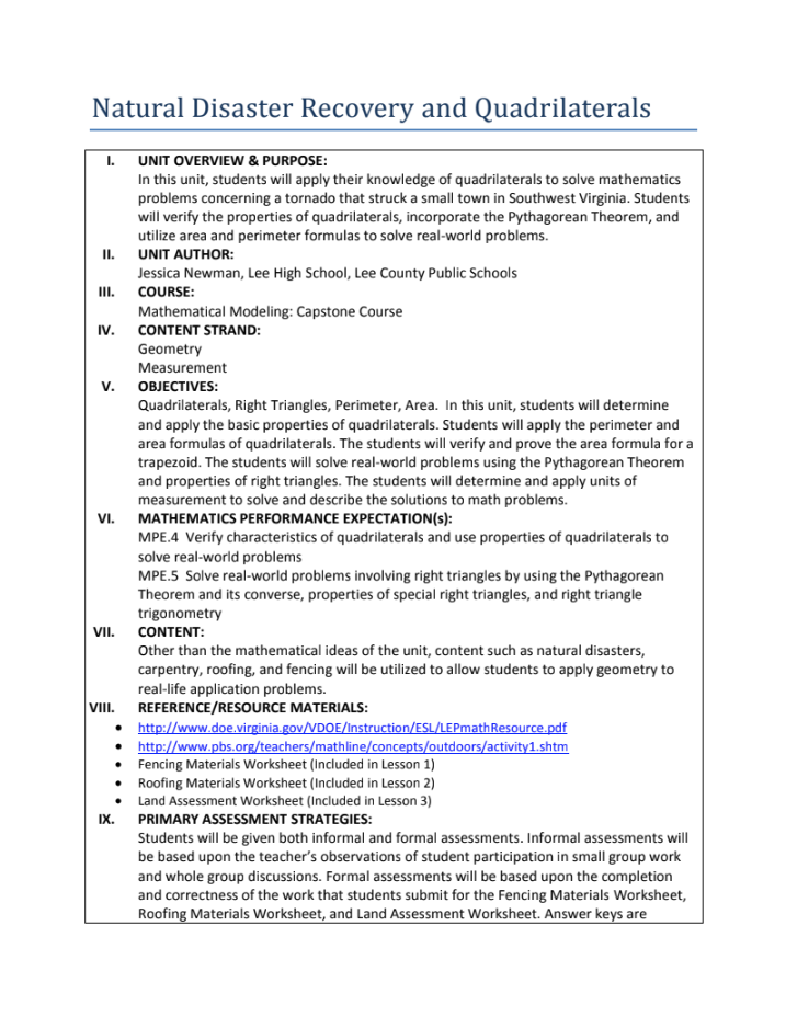 Natural Disaster Recovery and Quadrilaterals: Trapezoids and Land Assessments Unit Plan