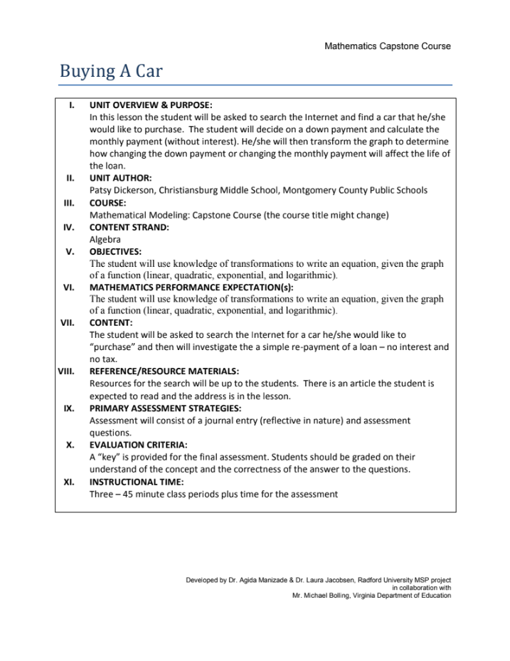 Buying A Car Unit Plan
