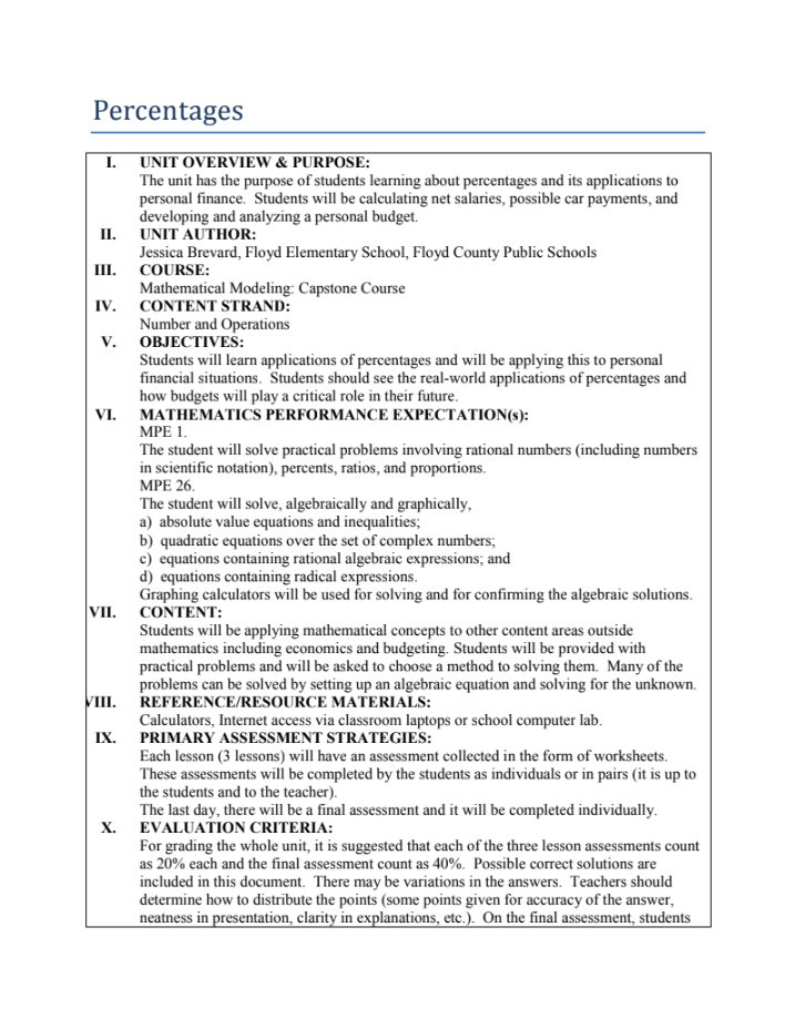 Percentages: Lesson 1 Lesson Plan