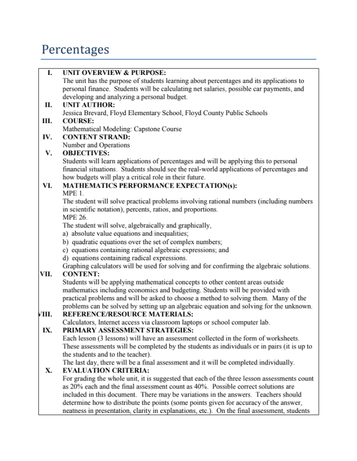 Percentages: Lessons 2 and 3 Unit Plan