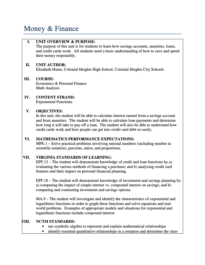 Money and Finance Unit Plan