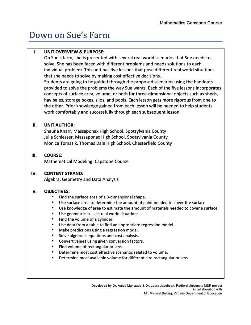 Down on Sue's Farm Unit Plan