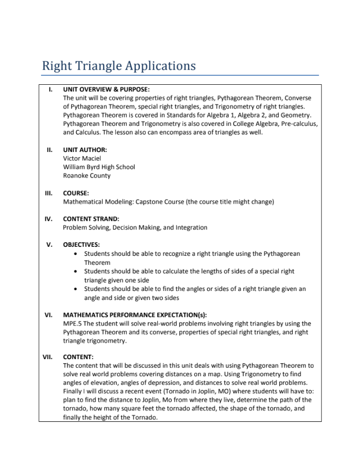 Right Triangle Applications: Lessons 1 and 2 Unit Plan