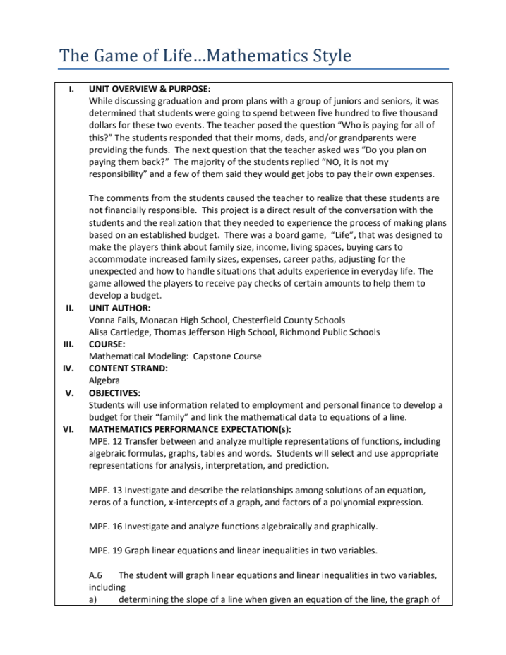 The Game of Life … Mathematics Style Unit Plan