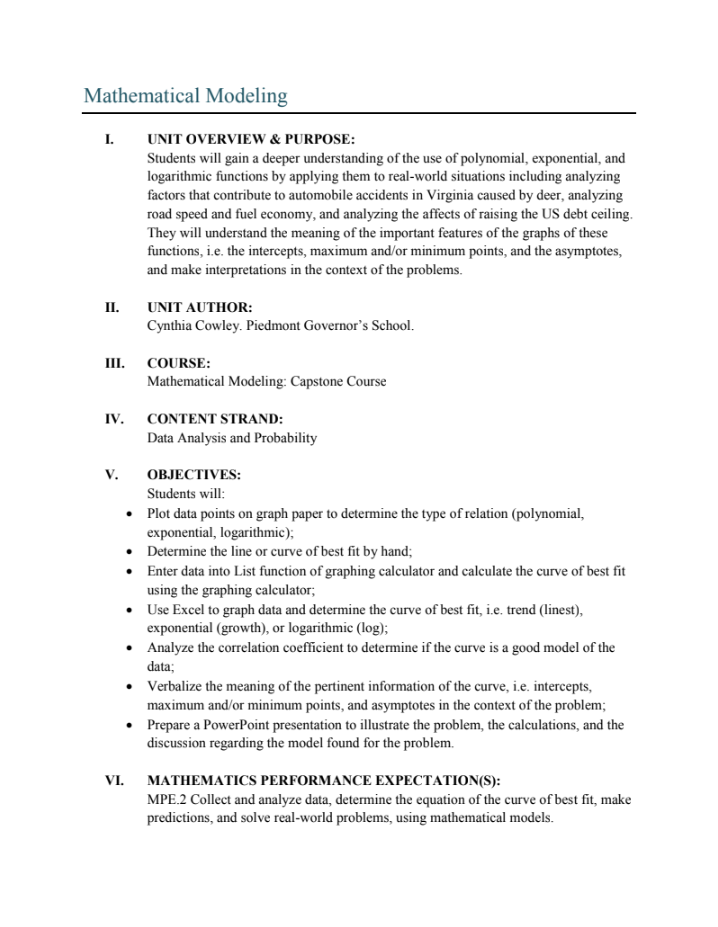 Mathematical Modeling: Lessons 2-3 Unit Plan